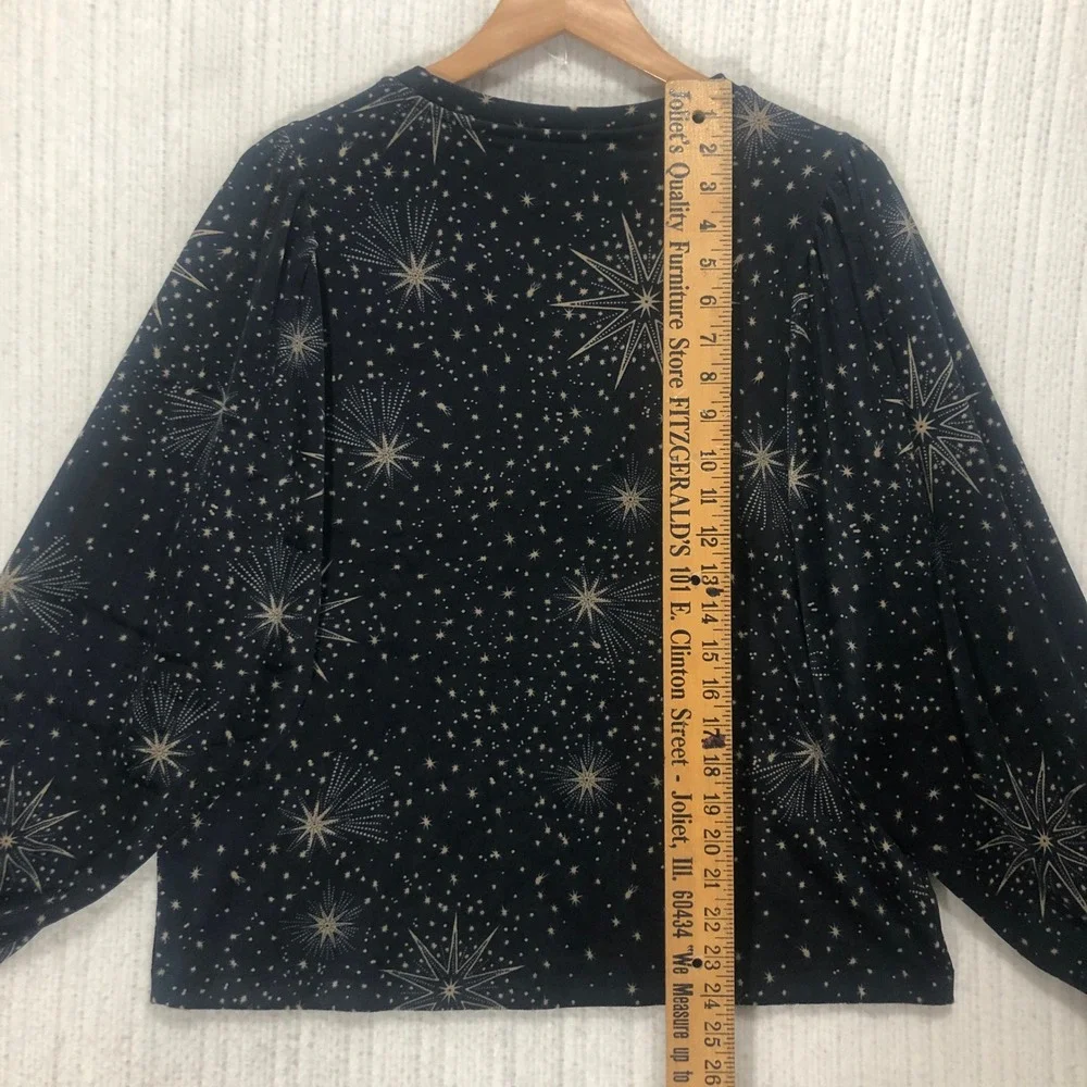 Loft Womens Celestial Starburst Puff Sleeve Velvet Top Navy Gold Large NWT